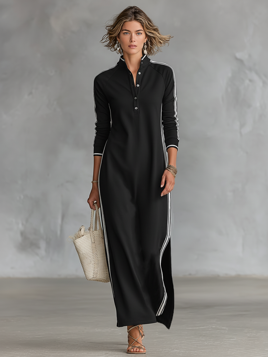 Women's Sweatshirt Maxi Dress | Button-Down Collar White Trim Casual Minimalist Dress