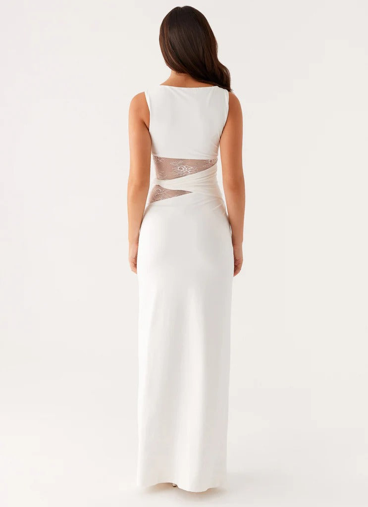Women's Sleeveless Scoop Neck Mesh Cutout Fitted Maxi Evening Dress