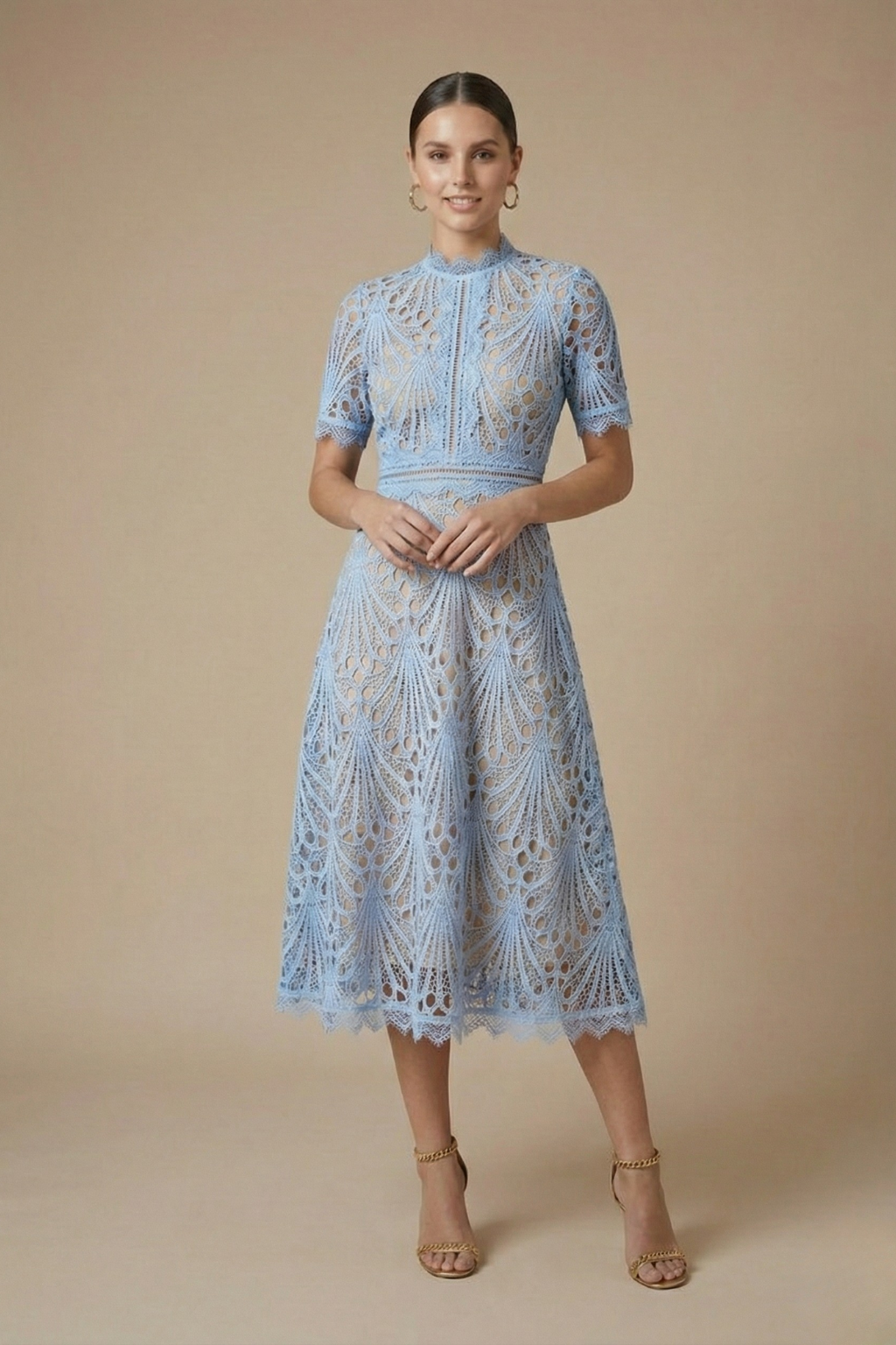 Women's Lace Midi Dress | High Neck Cutwork Detail Elegant Formal Dress