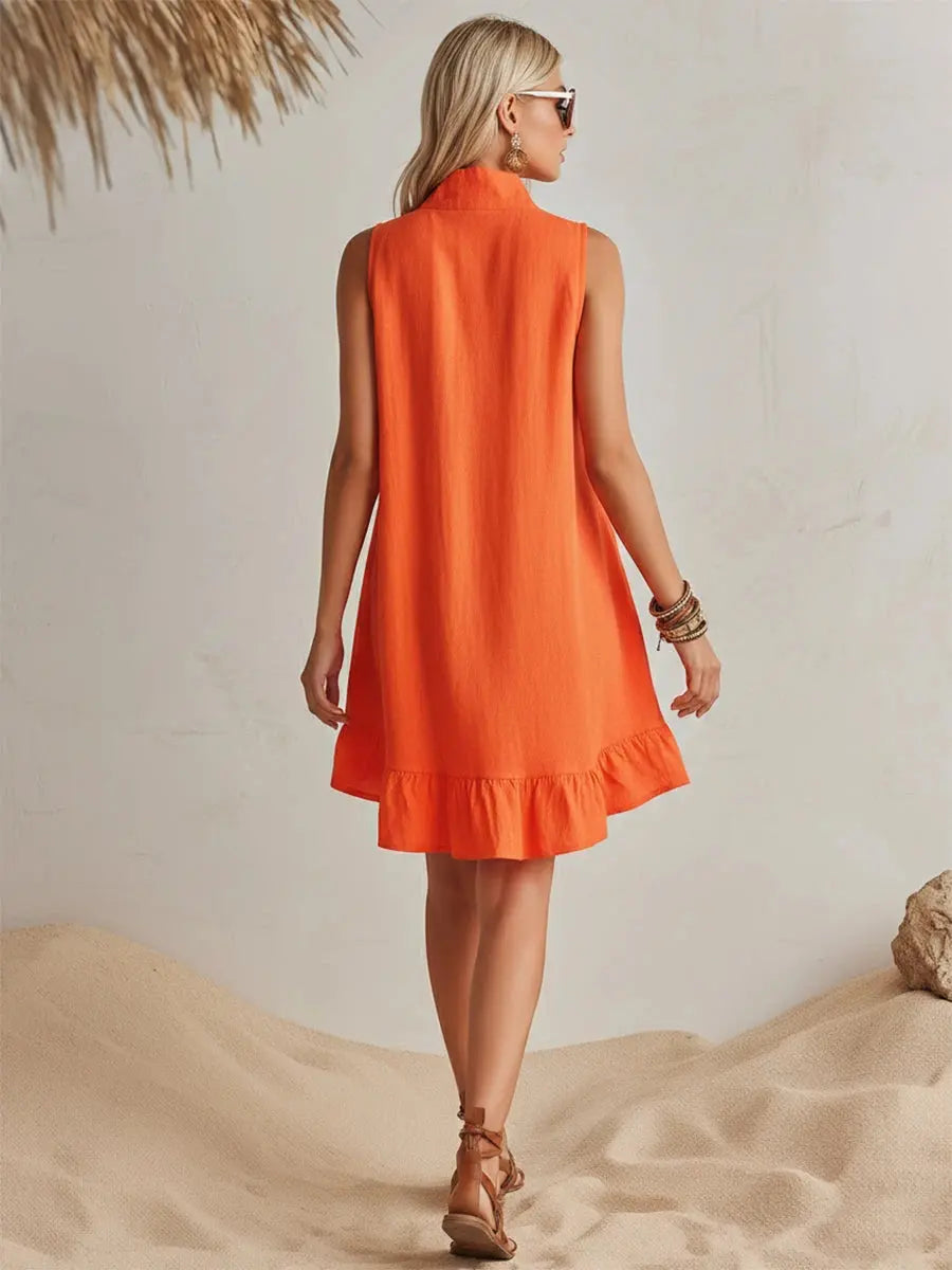 Women's Cotton Mini Dress | Stand Collar Half-Zip Dress with Pockets