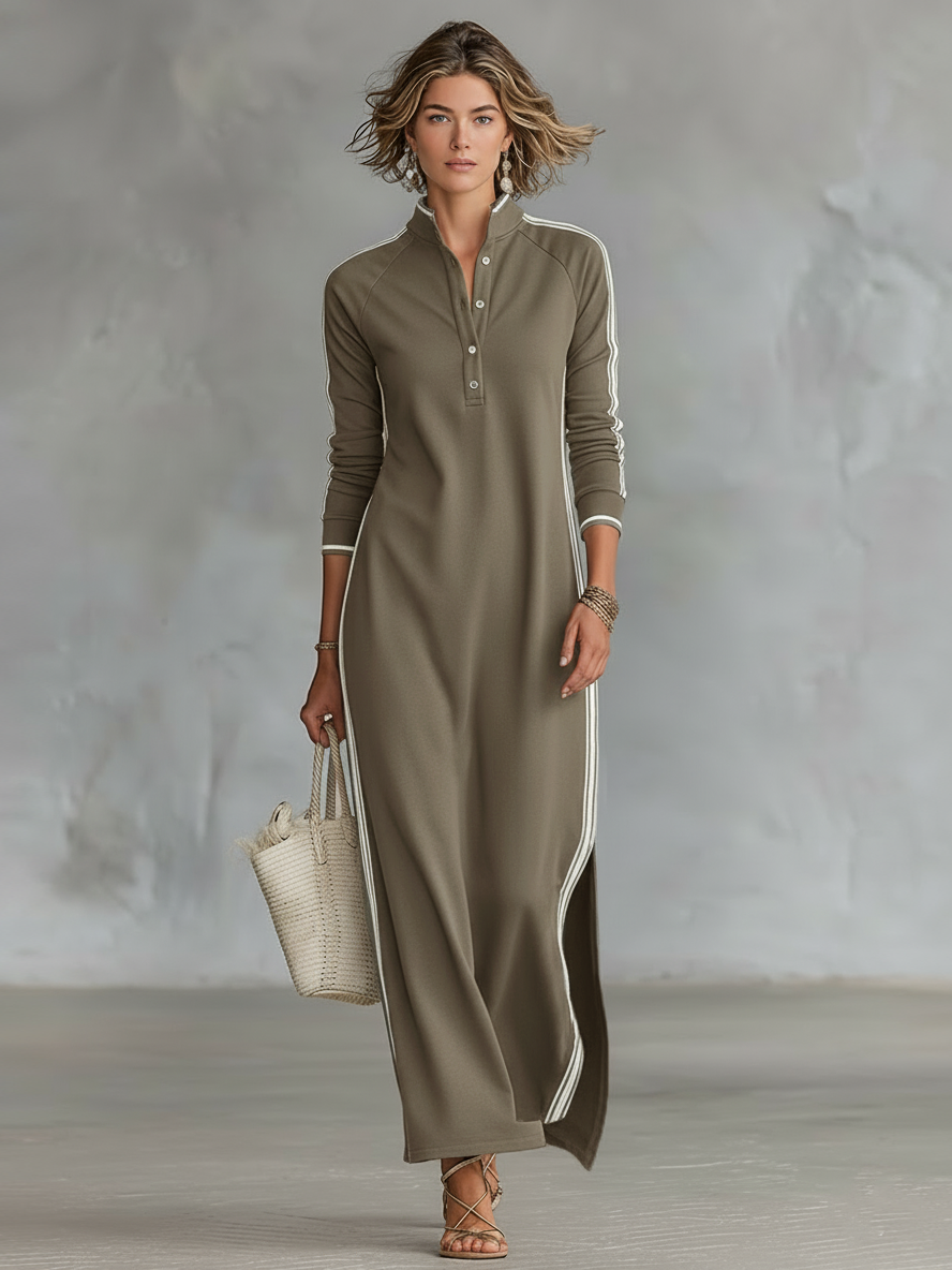 Women's Sweatshirt Maxi Dress | Button-Down Collar White Trim Casual Minimalist Dress