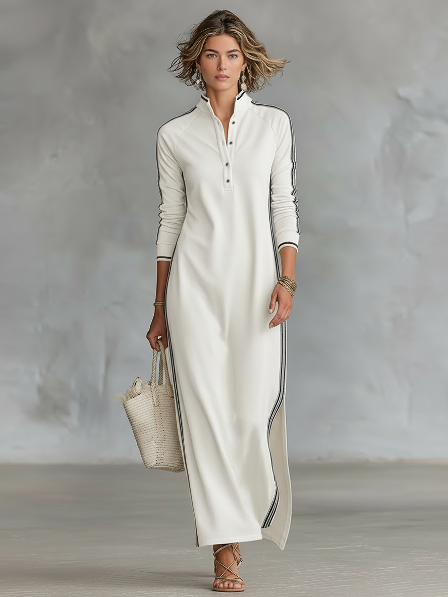 Women's Sweatshirt Maxi Dress | Button-Down Collar White Trim Casual Minimalist Dress
