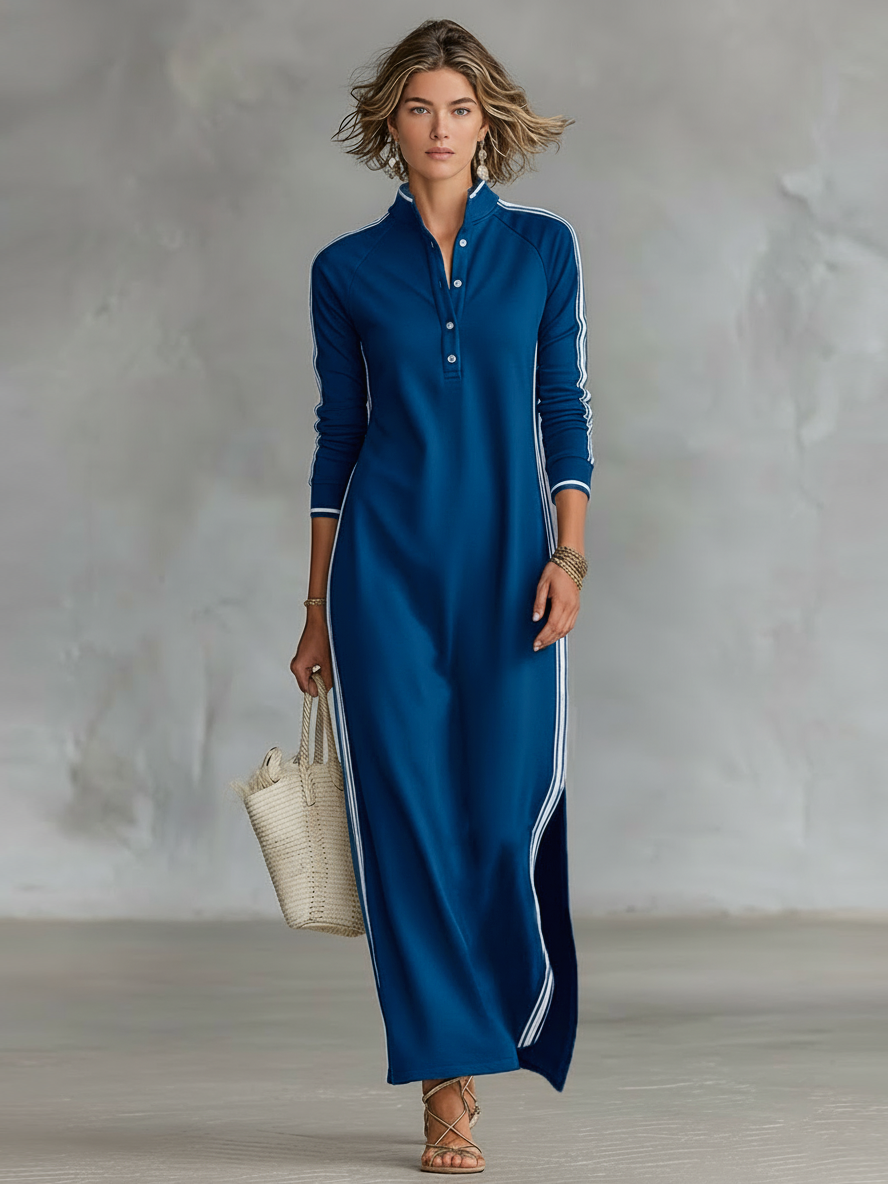 Women's Sweatshirt Maxi Dress | Button-Down Collar White Trim Casual Minimalist Dress