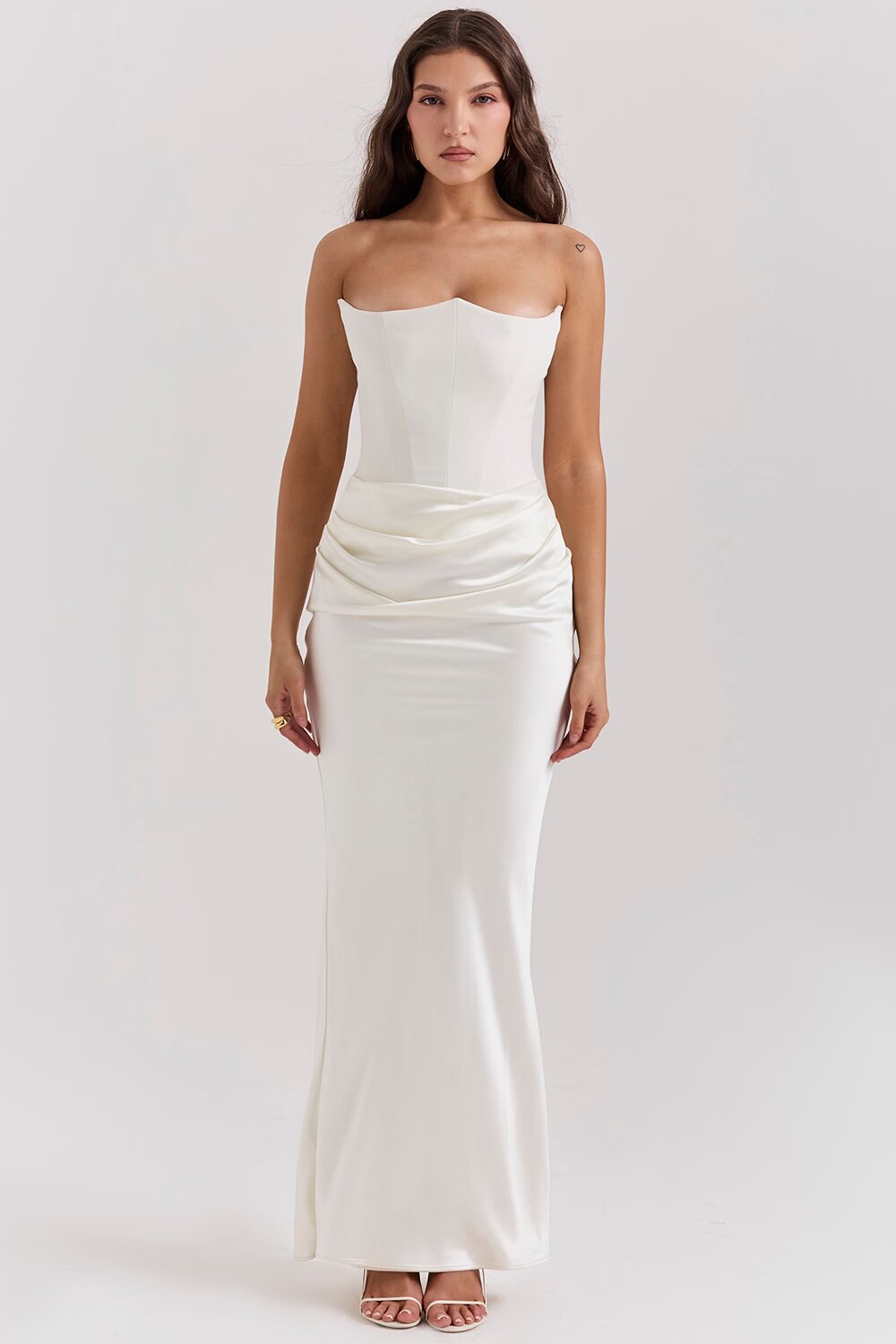 Women's Strapless Ruched Fitted Maxi Evening Dress Wedding Guest