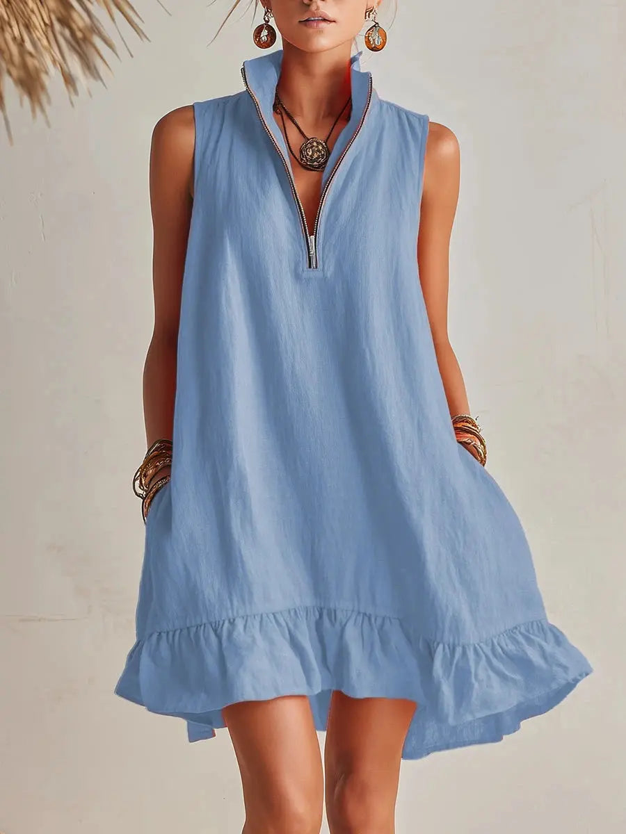 Women's Cotton Mini Dress | Stand Collar Half-Zip Dress with Pockets