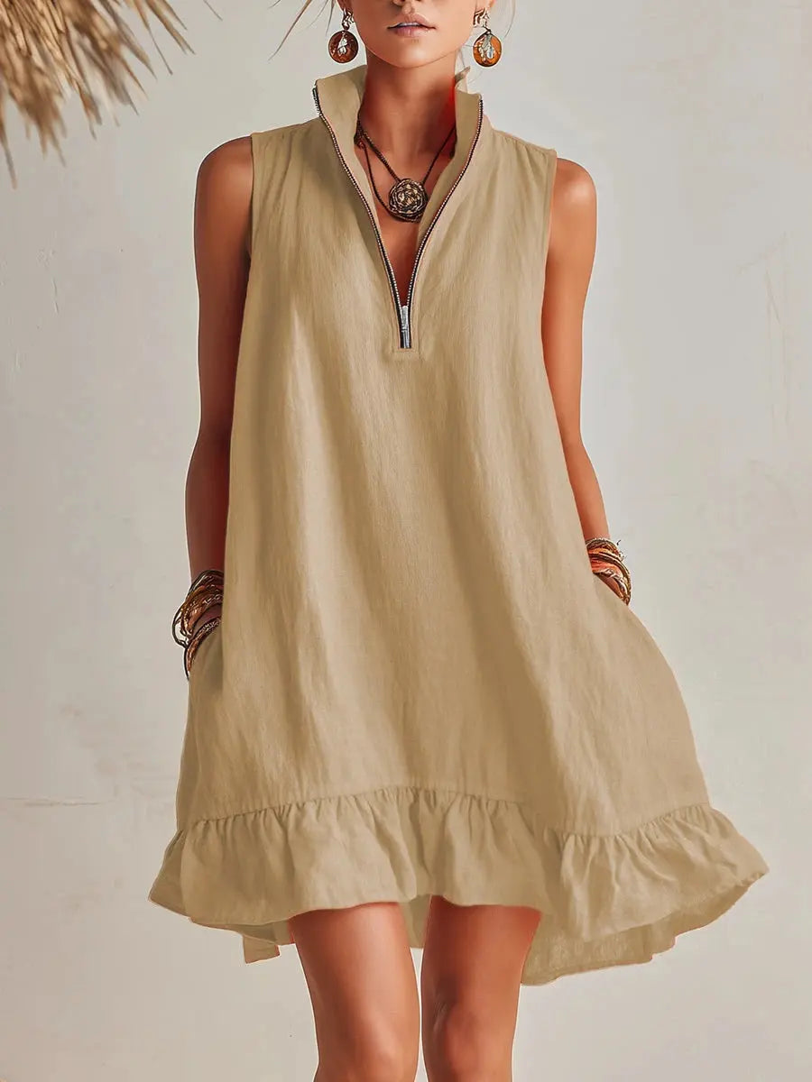 Women's Cotton Mini Dress | Stand Collar Half-Zip Dress with Pockets