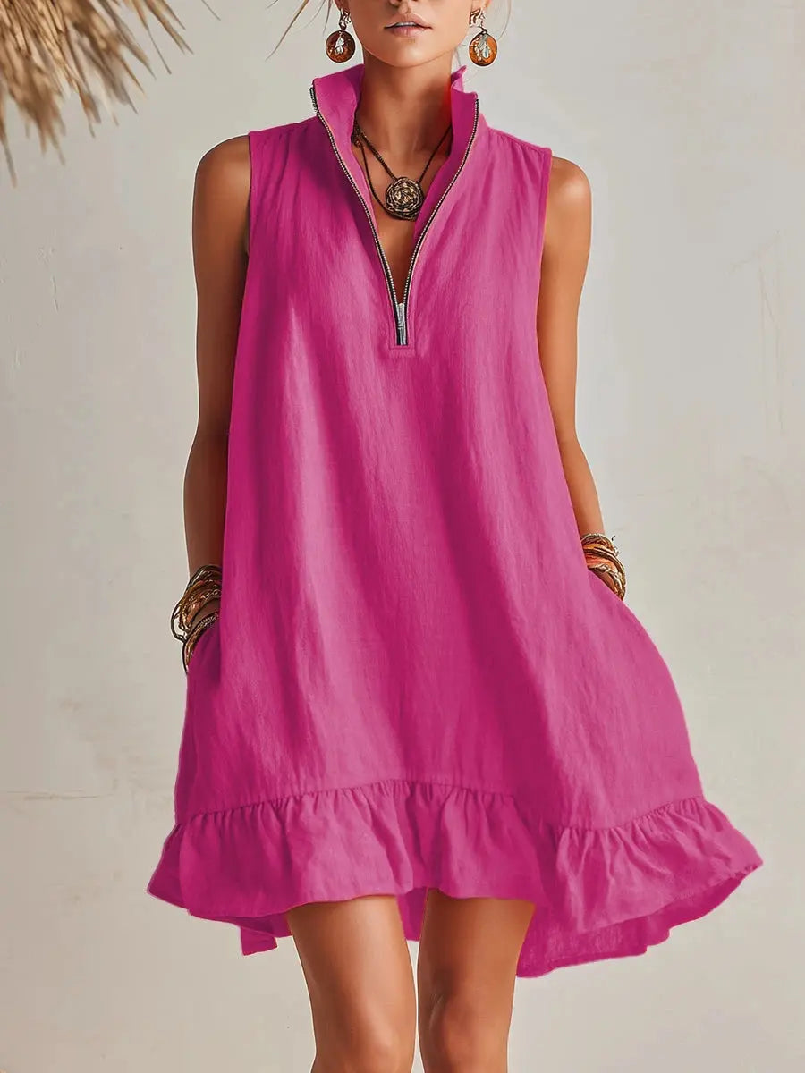 Women's Cotton Mini Dress | Stand Collar Half-Zip Dress with Pockets