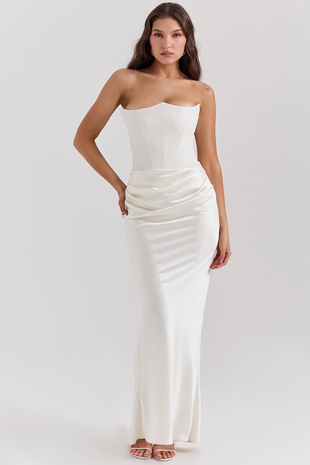 Women's Strapless Ruched Fitted Maxi Evening Dress Wedding Guest