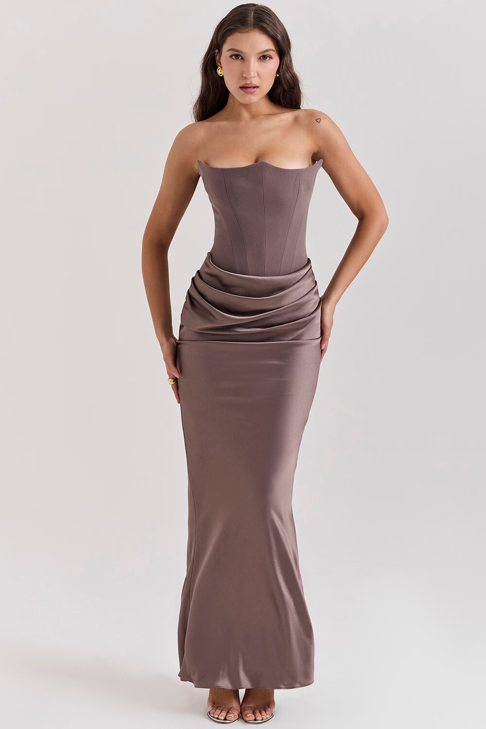 Women's Strapless Ruched Fitted Maxi Evening Dress Wedding Guest