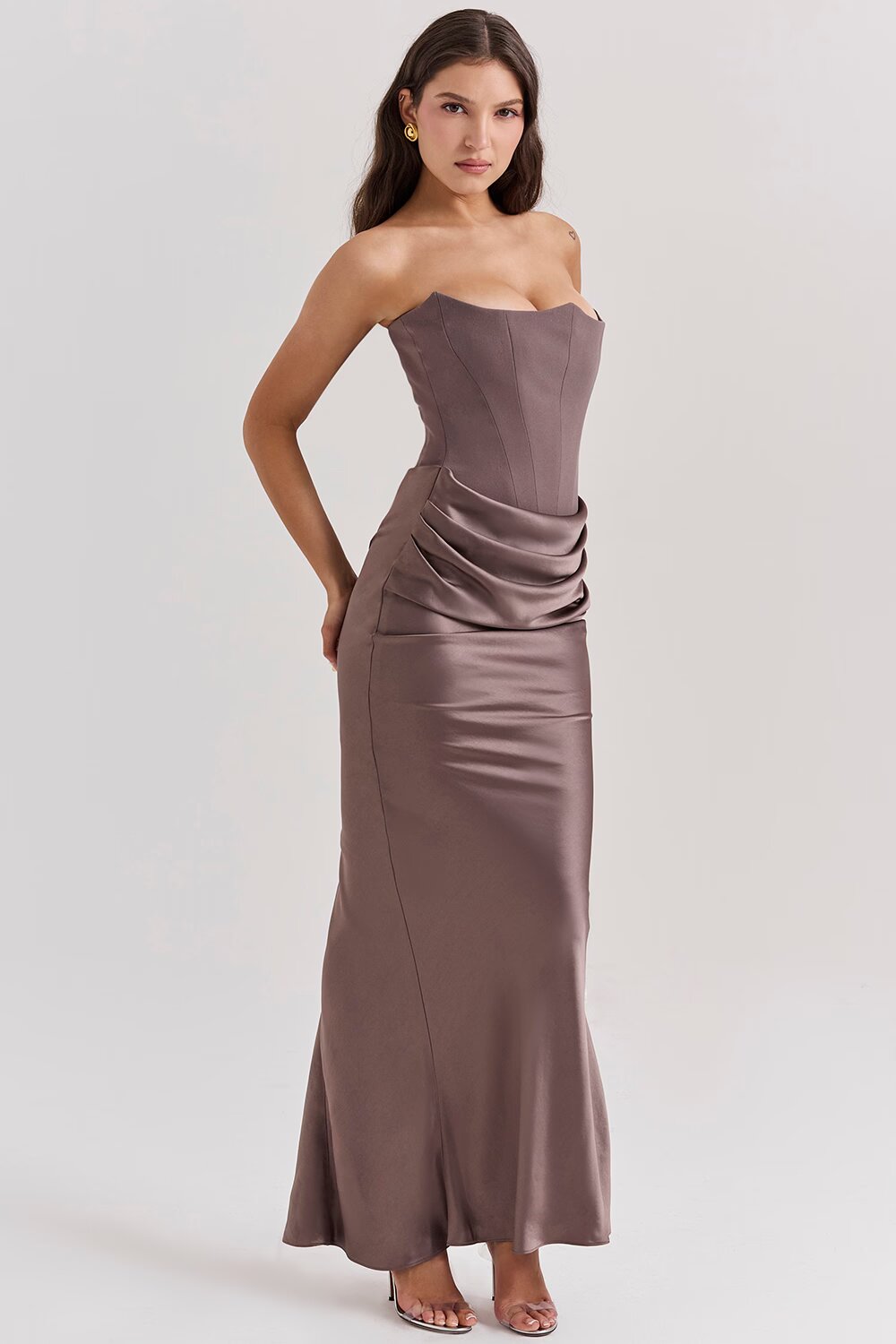 Women's Strapless Ruched Fitted Maxi Evening Dress Wedding Guest