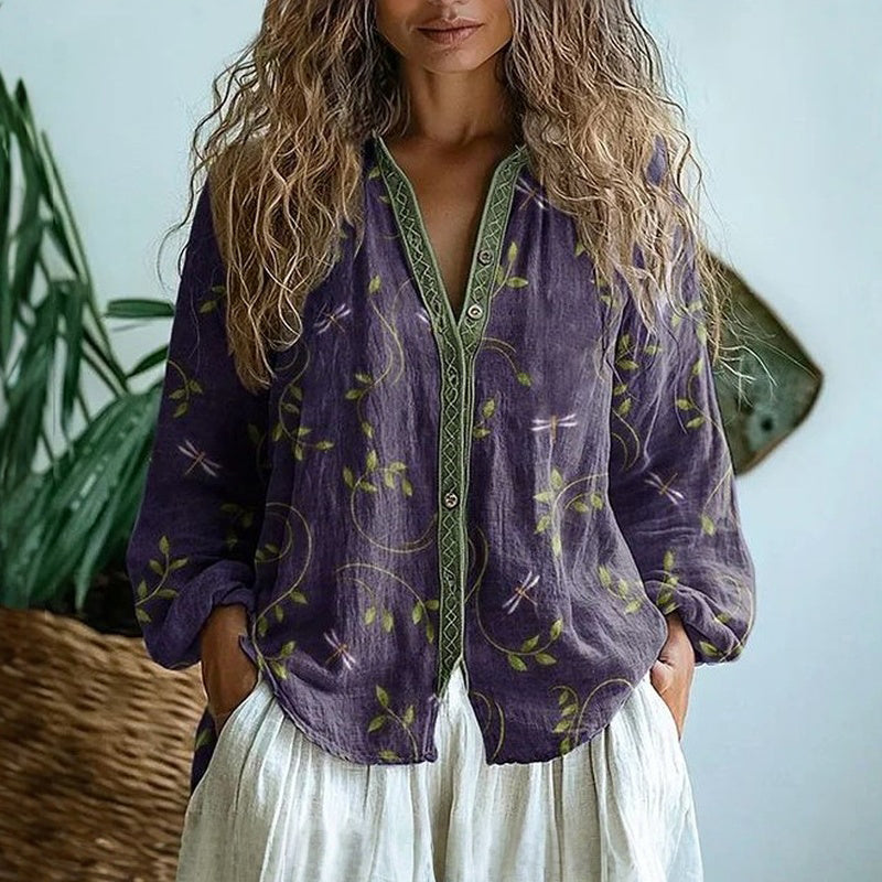 Printed V-Neck Women Blouse | Long Sleeve Casual Top