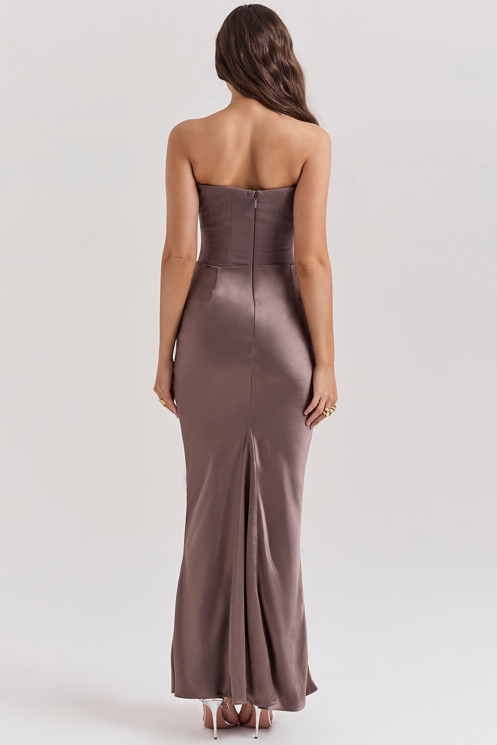 Women's Strapless Ruched Fitted Maxi Evening Dress Wedding Guest