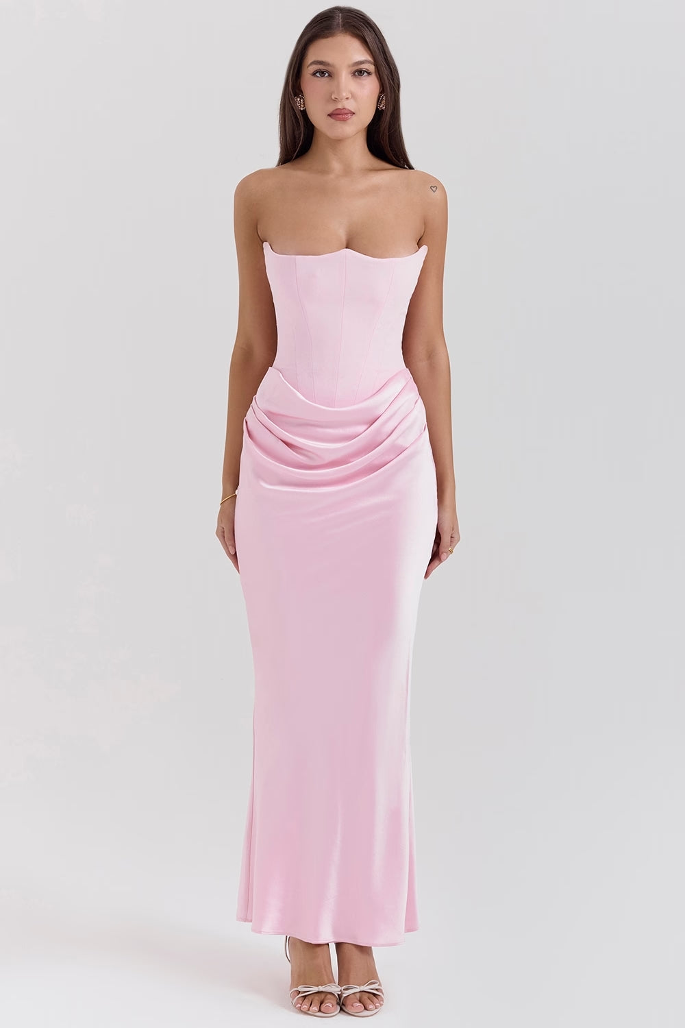 Women's Strapless Ruched Fitted Maxi Evening Dress Wedding Guest