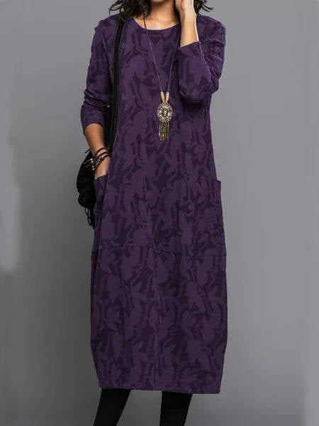 Women's Long Sleeve Midi Dress with Pockets | Casual Everyday Dress