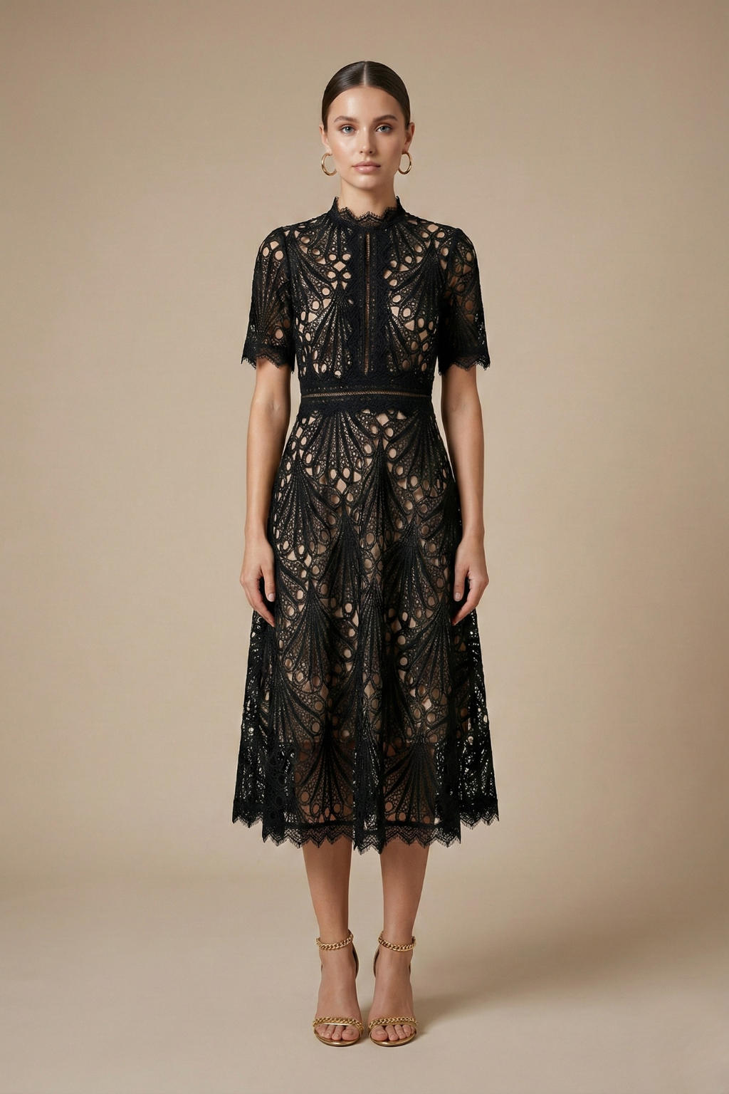 Women's Lace Midi Dress | High Neck Cutwork Detail Elegant Formal Dress