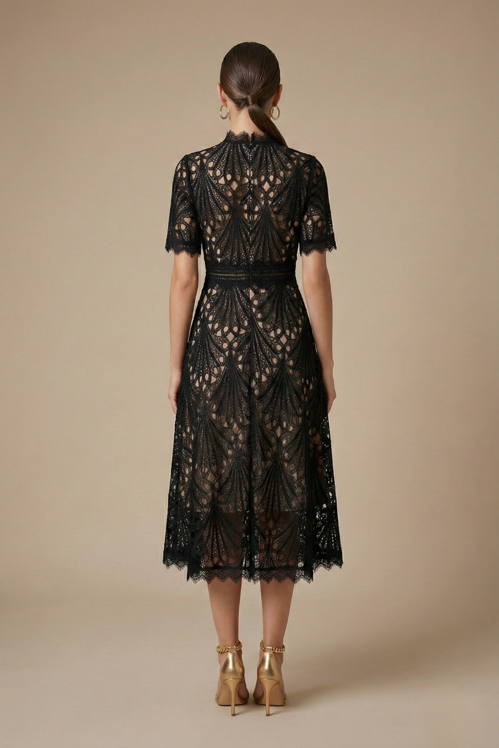 Women's Lace Midi Dress | High Neck Cutwork Detail Elegant Formal Dress