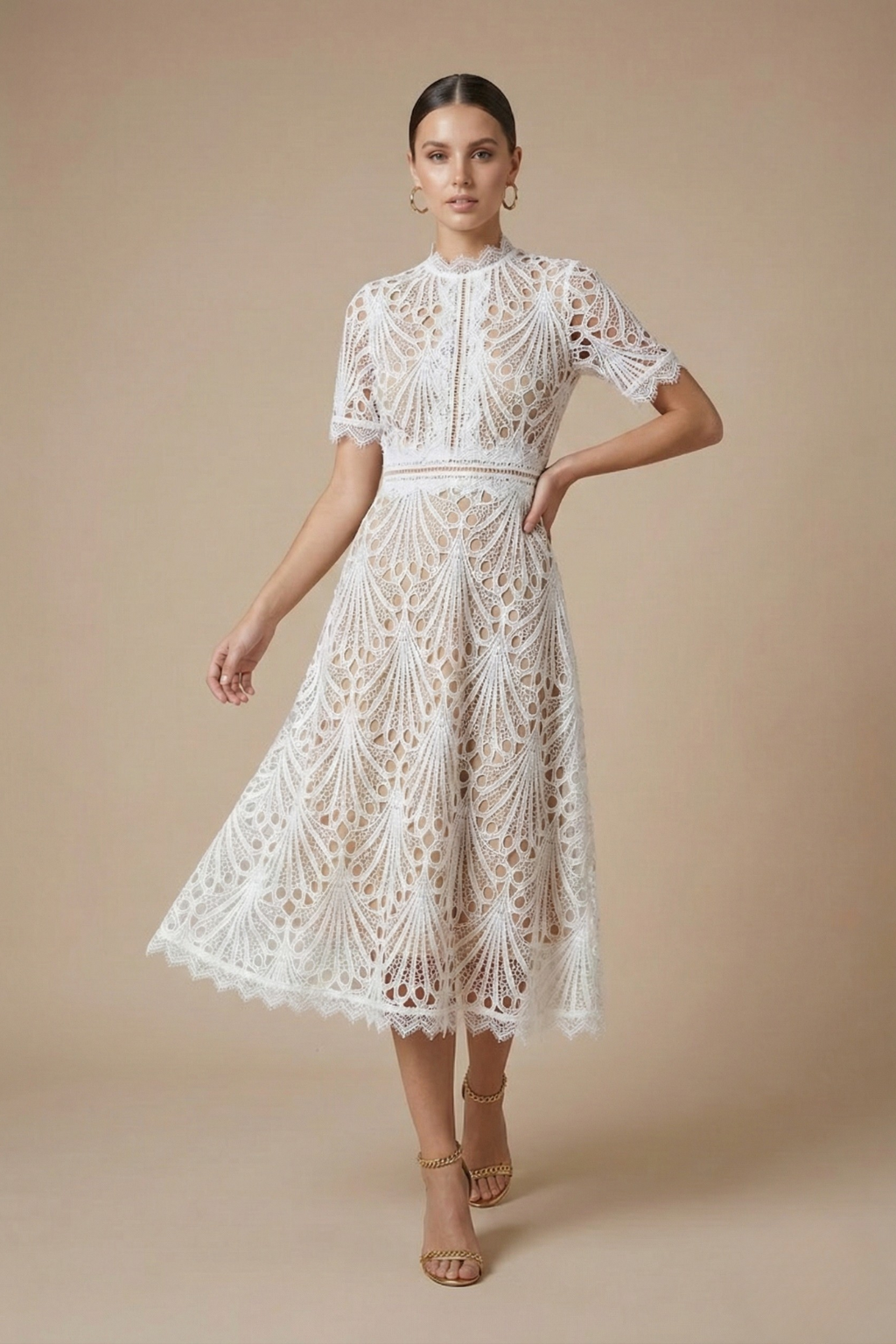Women's Lace Midi Dress | High Neck Cutwork Detail Elegant Formal Dress