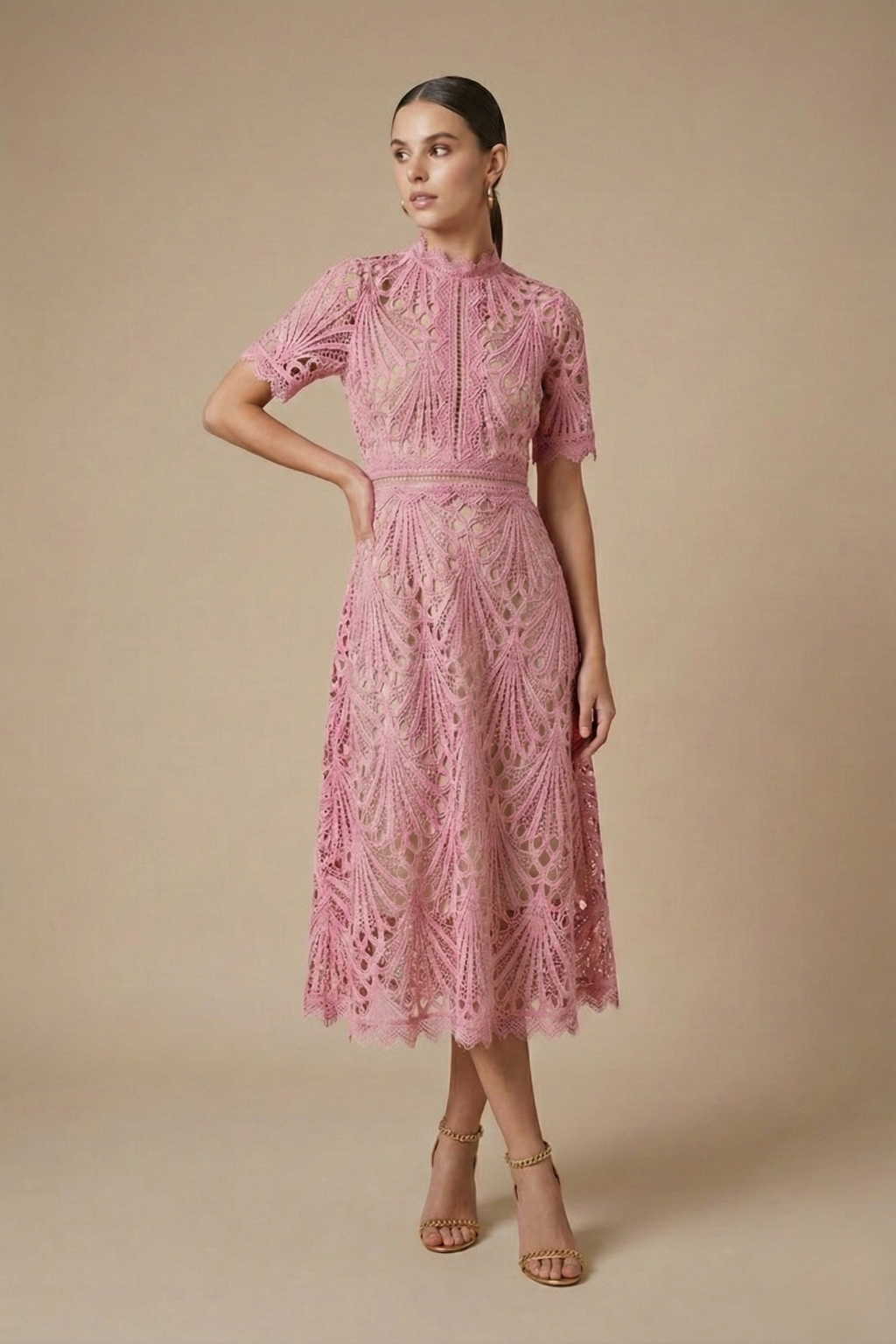 Women's Lace Midi Dress | High Neck Cutwork Detail Elegant Formal Dress
