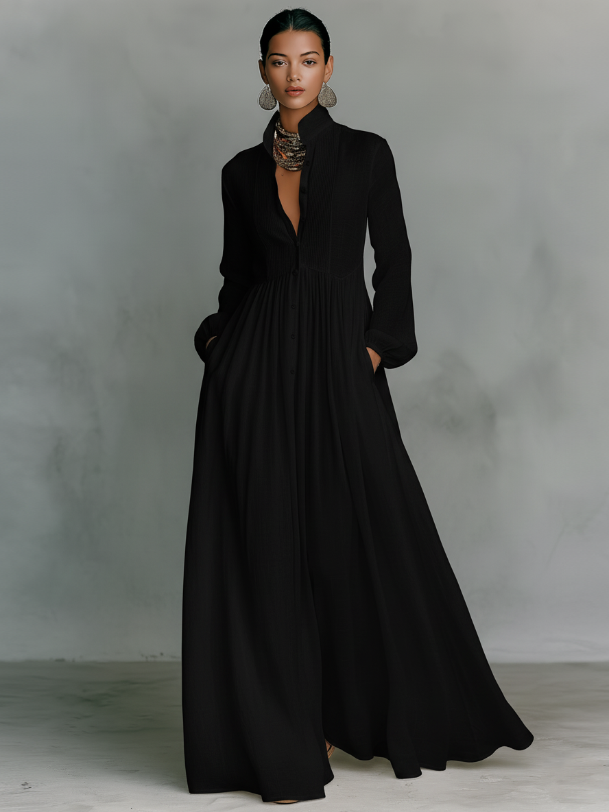 Women's Maxi Dress | Single-Breasted Stand Collar Long Sleeve Patchwork Casual Dress