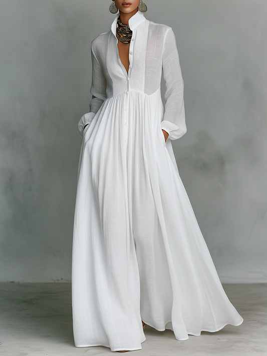 Women's Maxi Dress | Single-Breasted Stand Collar Long Sleeve Patchwork Casual Dress