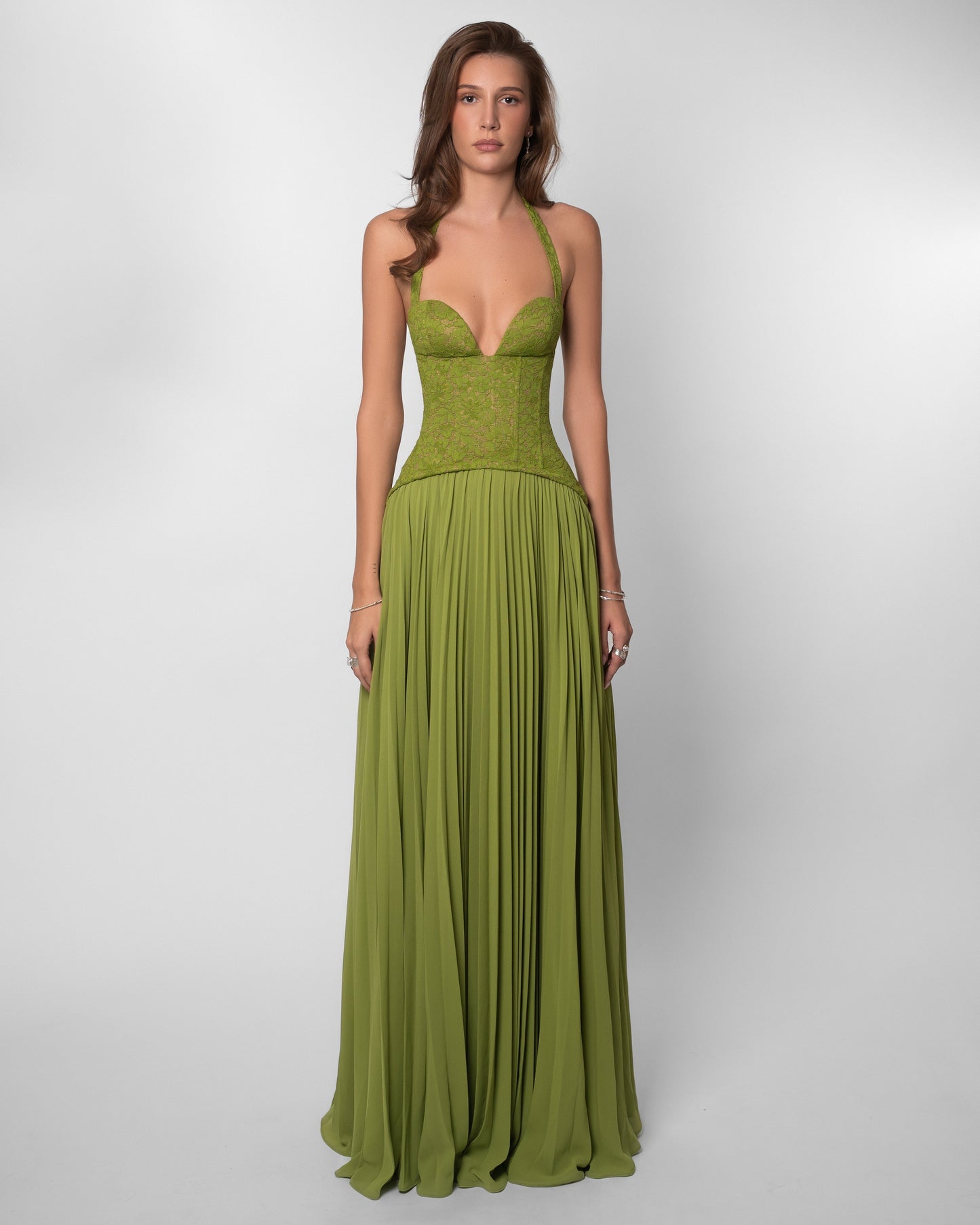 Women's Deep V-Neck Spaghetti Strap Ruched Bodice Flowy Maxi Evening Dress Wedding Guest