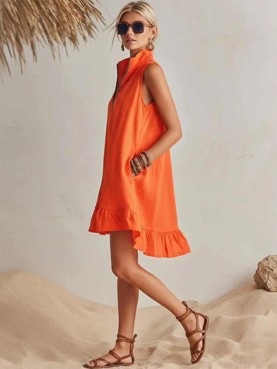 Women's Cotton Mini Dress | Stand Collar Half-Zip Dress with Pockets
