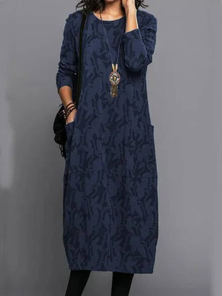 Women's Long Sleeve Midi Dress with Pockets | Casual Everyday Dress