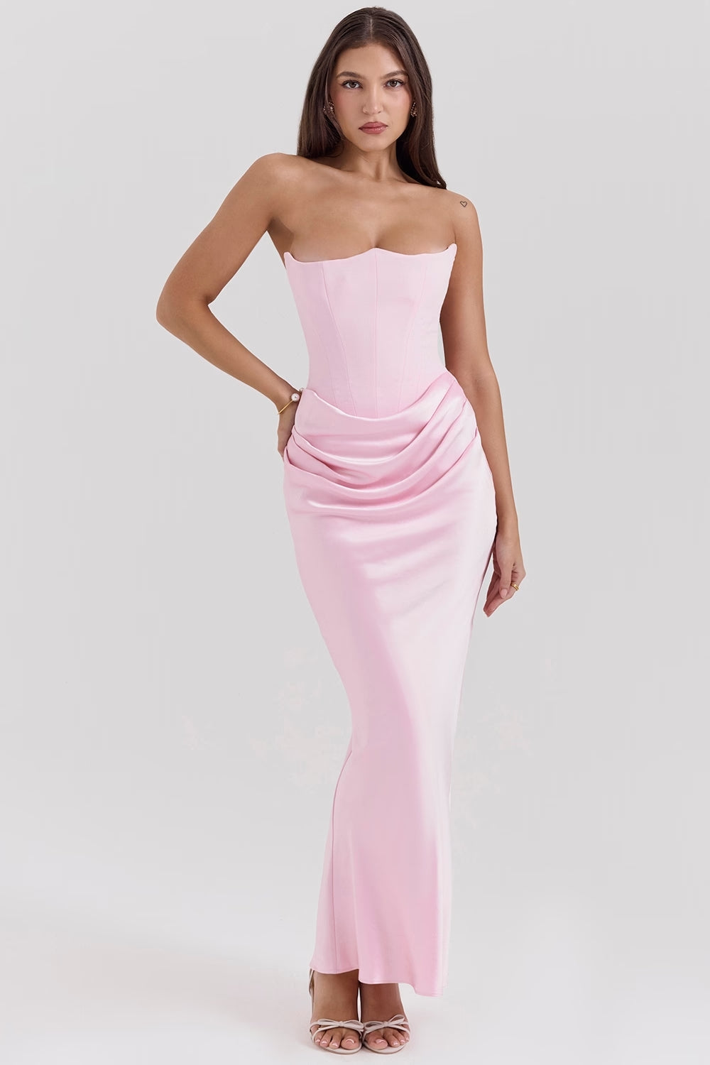 Women's Strapless Ruched Fitted Maxi Evening Dress Wedding Guest