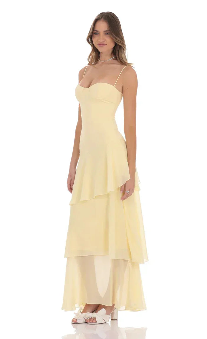 Women's Spaghetti Strap Sweetheart Neck Layered Chiffon Maxi Dress Boho Wedding Guest