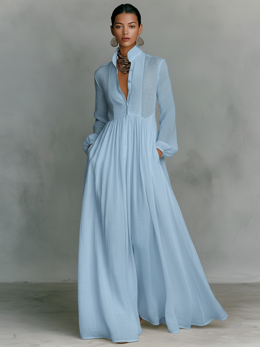 Women's Maxi Dress | Single-Breasted Stand Collar Long Sleeve Patchwork Casual Dress