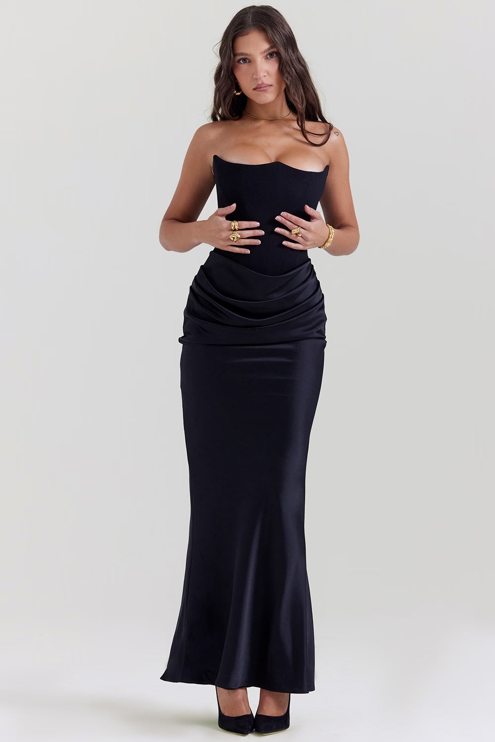 Women's Strapless Ruched Fitted Maxi Evening Dress Wedding Guest