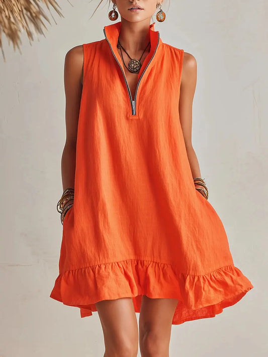Women's Cotton Mini Dress | Stand Collar Half-Zip Dress with Pockets