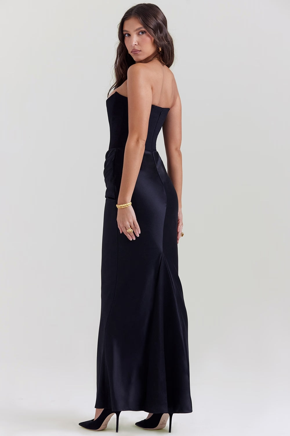 Women's Strapless Ruched Fitted Maxi Evening Dress Wedding Guest