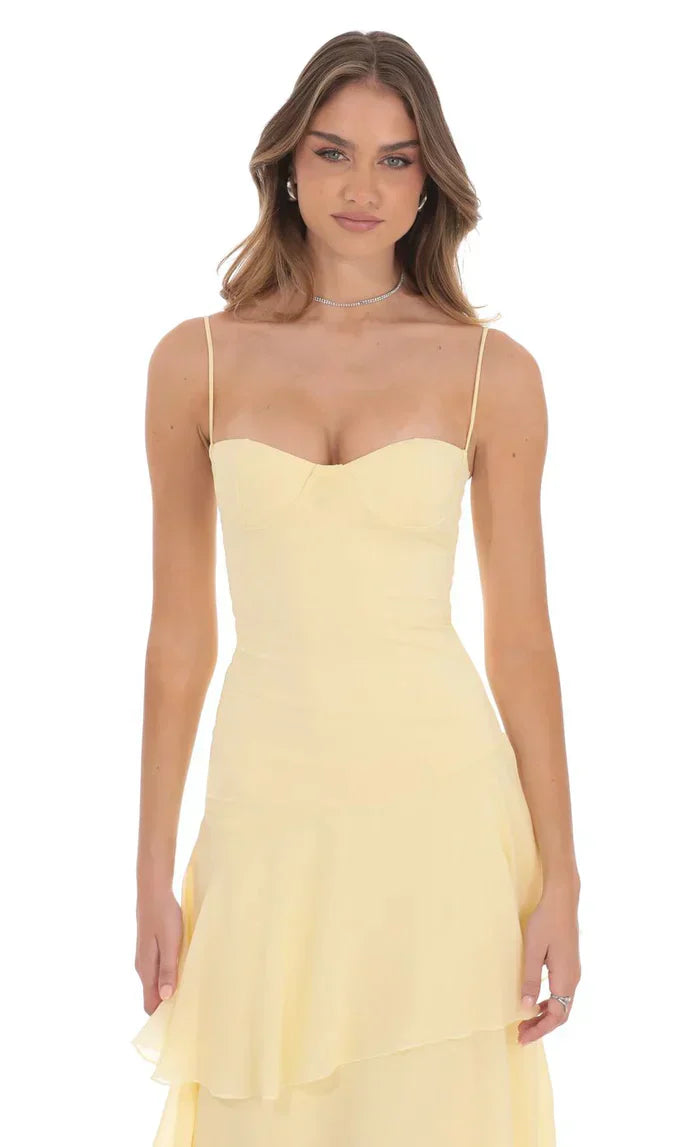 Women's Spaghetti Strap Sweetheart Neck Layered Chiffon Maxi Dress Boho Wedding Guest