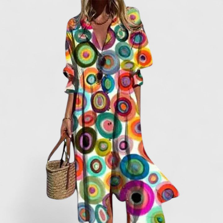 Women's Floral Print Button-Down Midi Dress with Long Sleeves