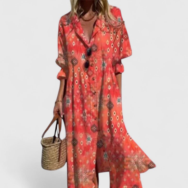 Women's Floral Print Button-Down Midi Dress with Long Sleeves