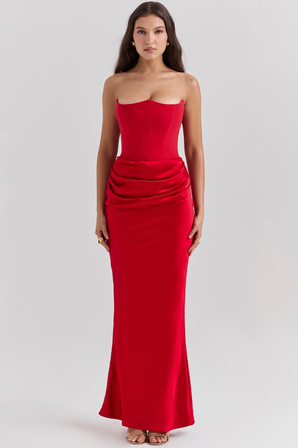 Women's Strapless Ruched Fitted Maxi Evening Dress Wedding Guest