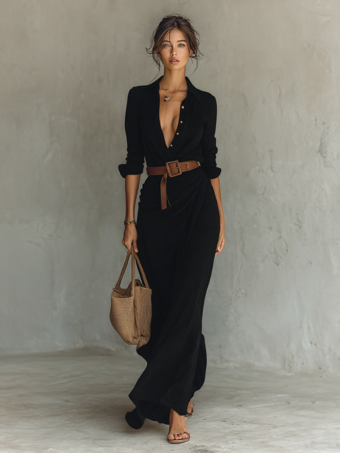 Women's Lapel Maxi Dress | Single Breasted Long Sleeve Belted Casual Dress
