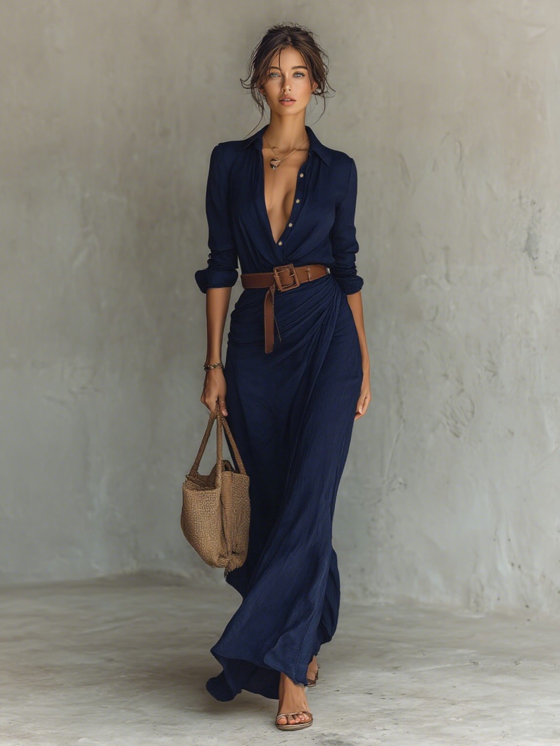 Women's Lapel Maxi Dress | Single Breasted Long Sleeve Belted Casual Dress