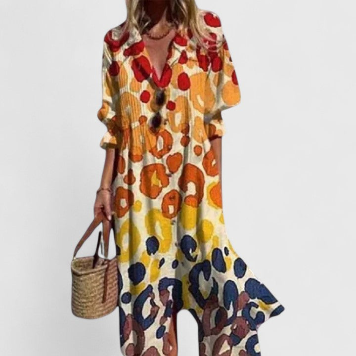 Women's Floral Print Button-Down Midi Dress with Long Sleeves
