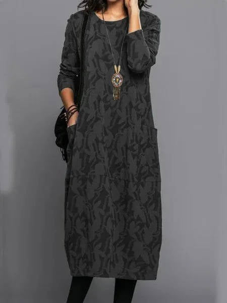 Women's Long Sleeve Midi Dress with Pockets | Casual Everyday Dress