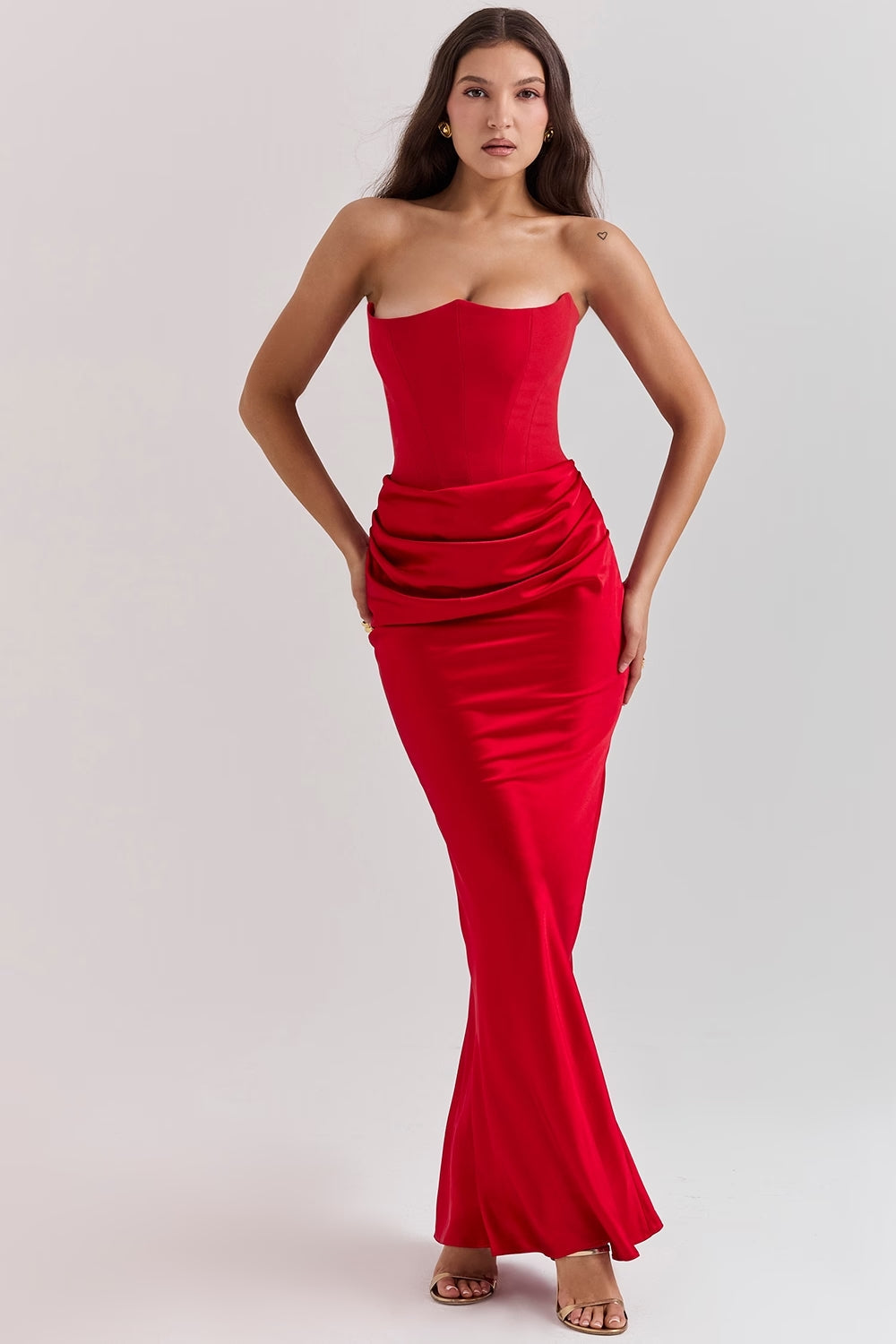 Women's Strapless Ruched Fitted Maxi Evening Dress Wedding Guest