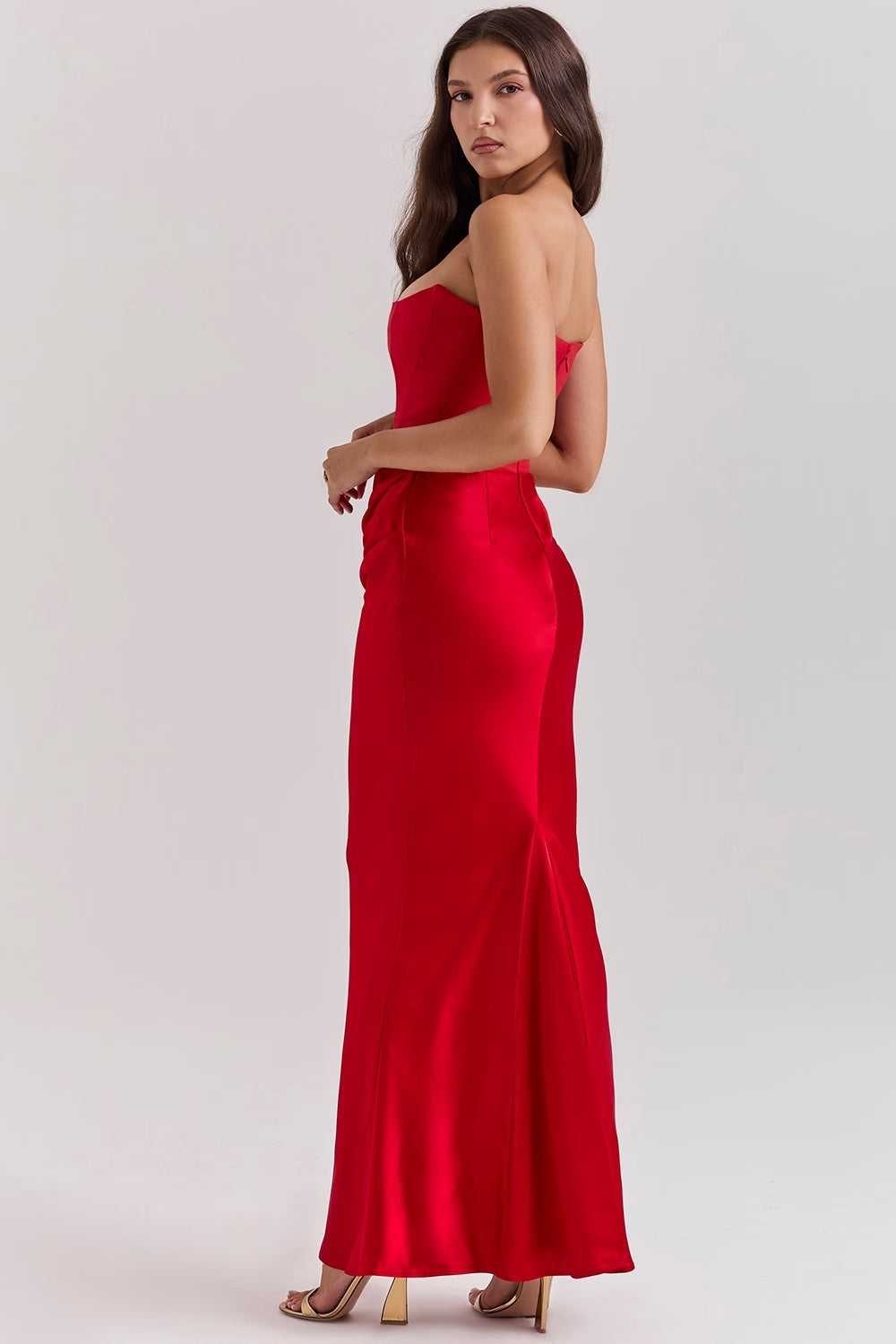 Women's Strapless Ruched Fitted Maxi Evening Dress Wedding Guest