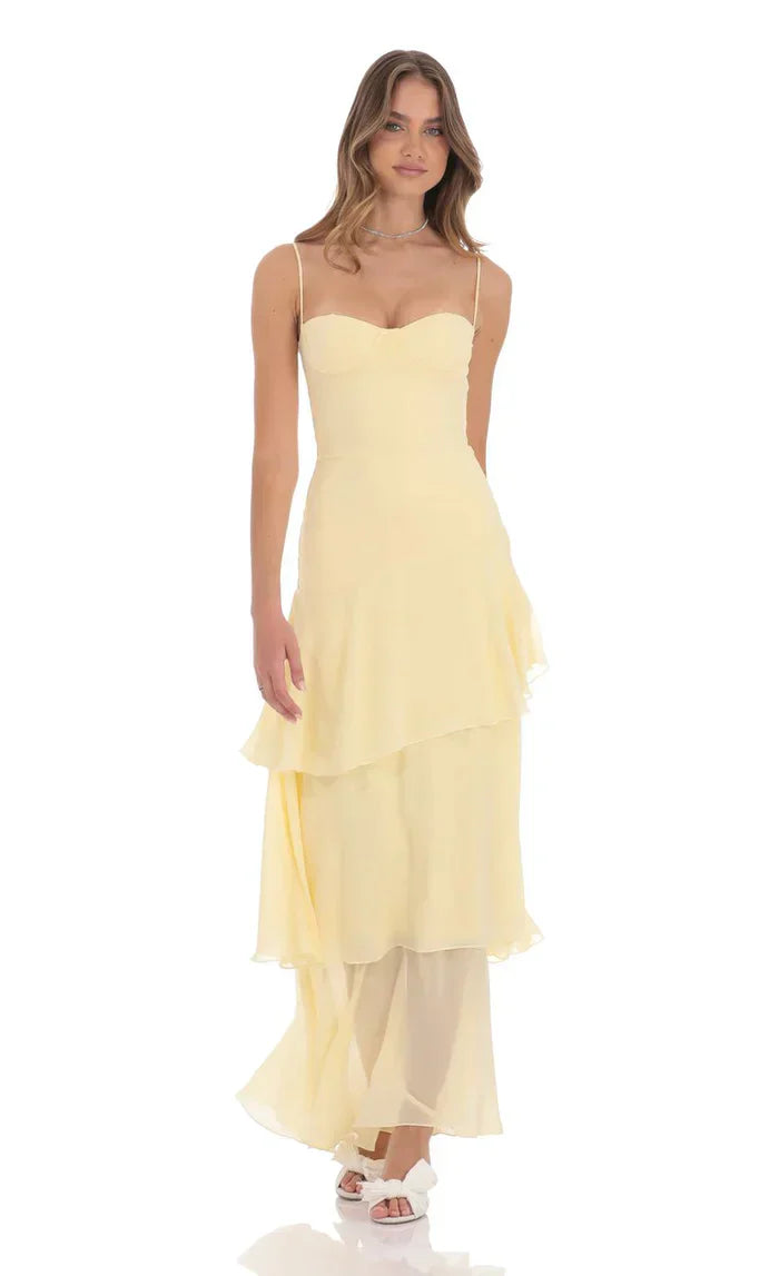 Women's Spaghetti Strap Sweetheart Neck Layered Chiffon Maxi Dress Boho Wedding Guest