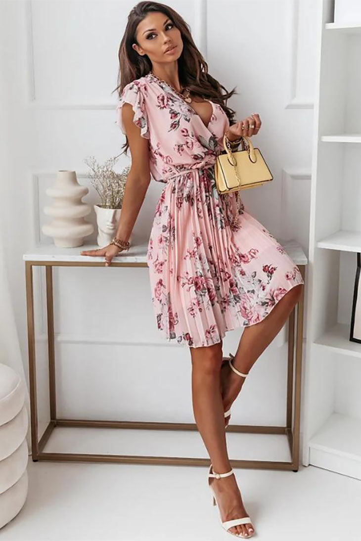 Floral Wrap Midi Dress for Women | Black V-Neck Boho Dress with Flutter Sleeves
