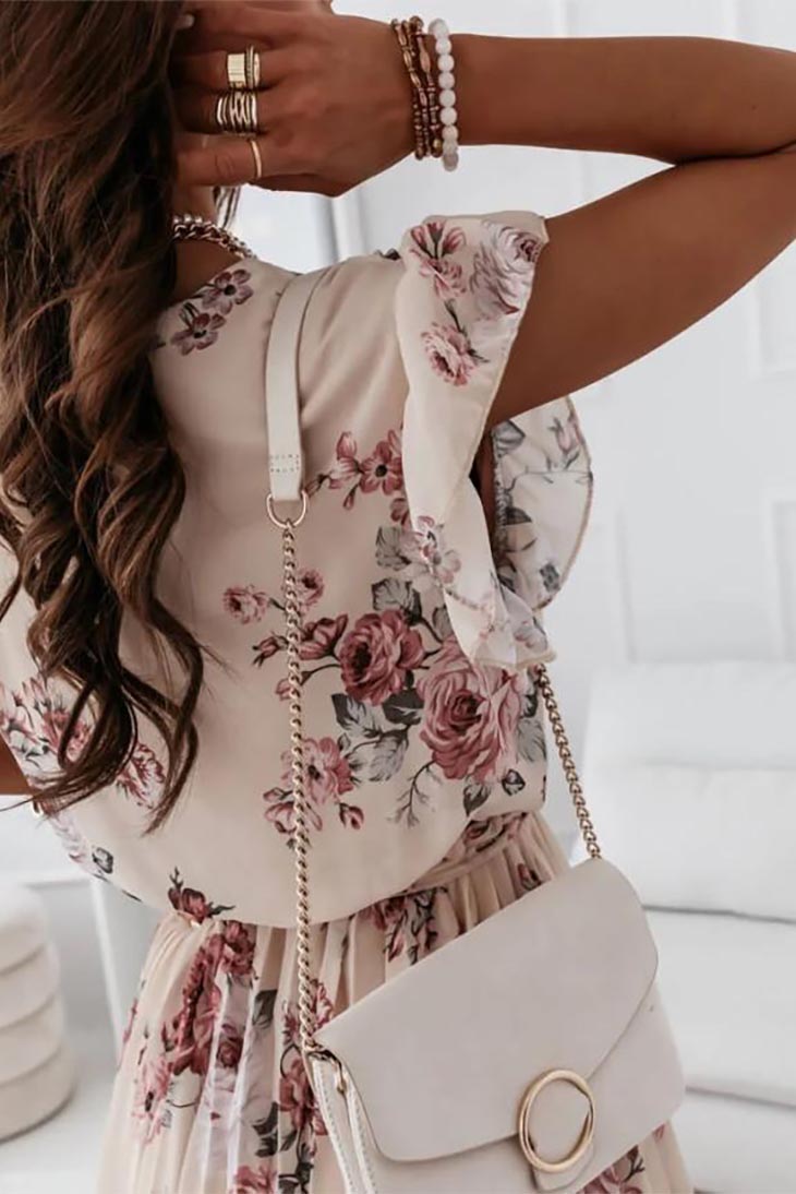 Floral Wrap Midi Dress for Women | Black V-Neck Boho Dress with Flutter Sleeves