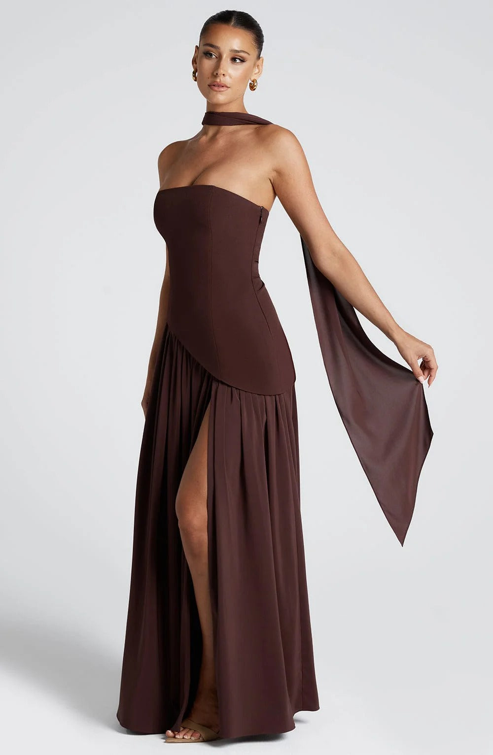 Women's Strapless Maxi Wedding Guest Dress with Scarf