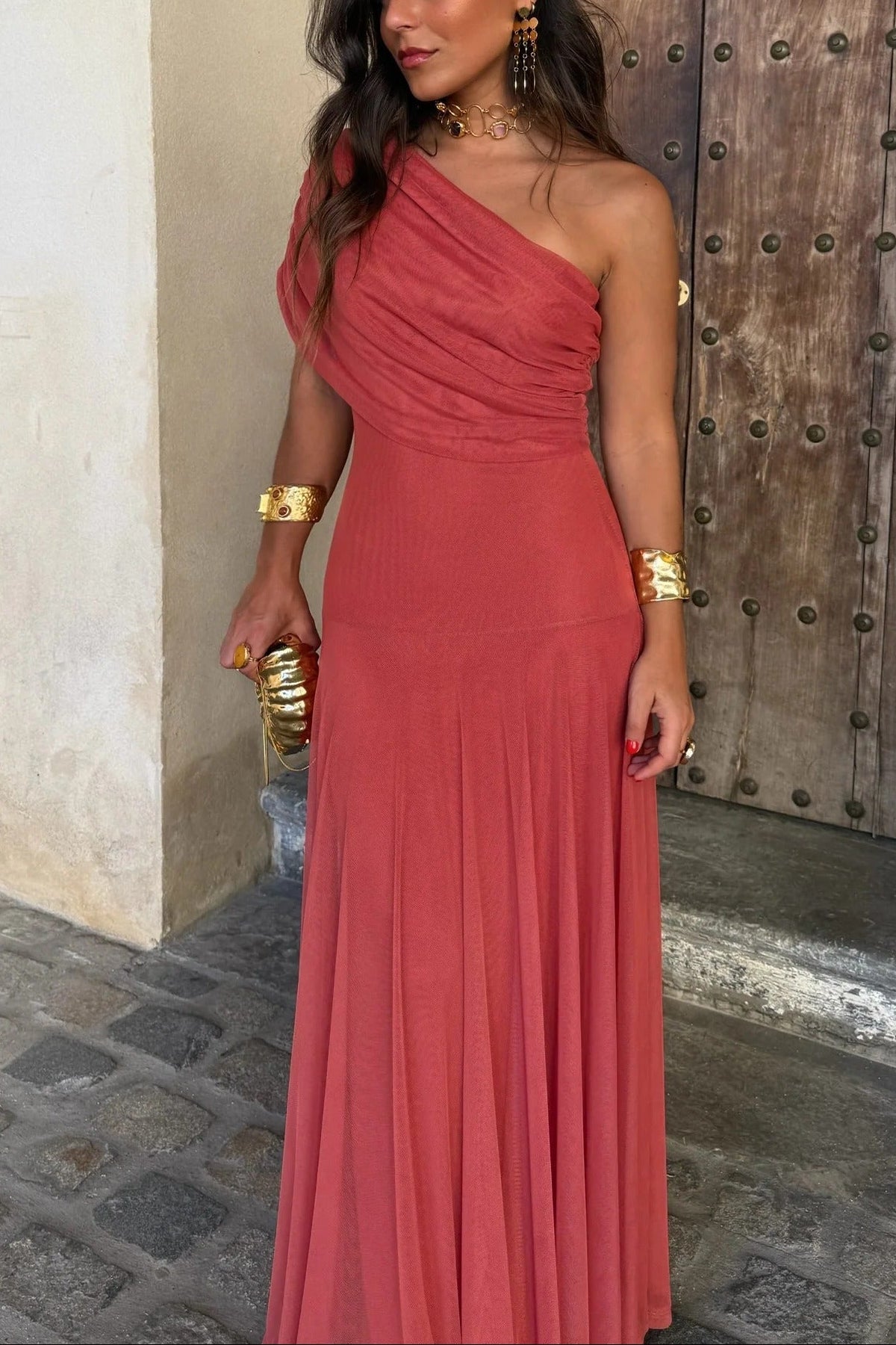 Women's One-Shoulder Mesh Maxi Summer Dress