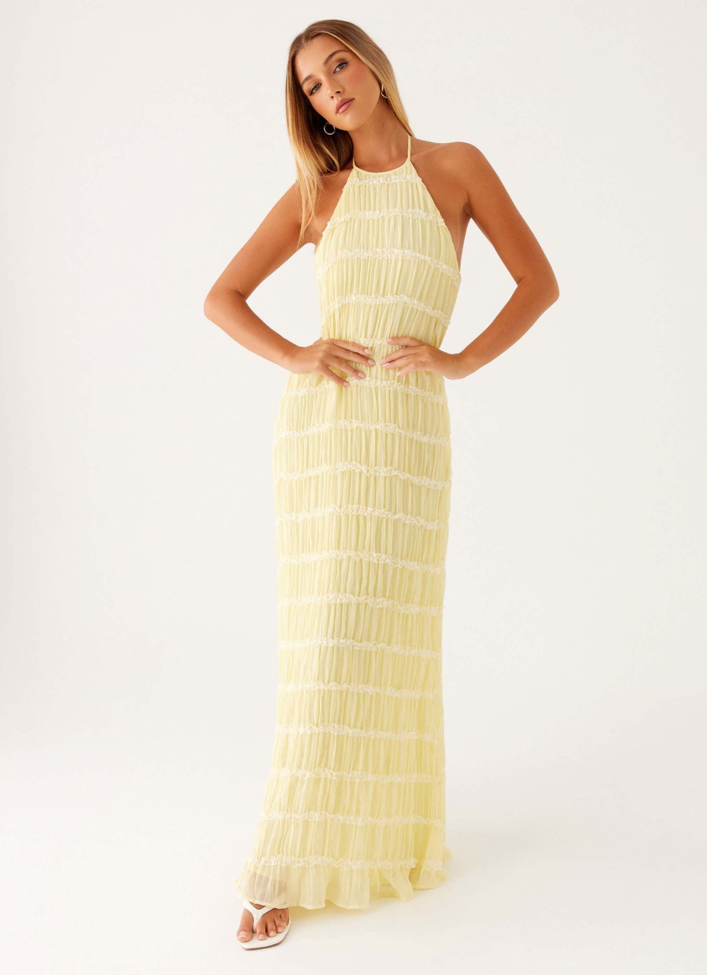 Women's Halter Neck Open Back Textured Maxi Evening Dress Wedding Guest