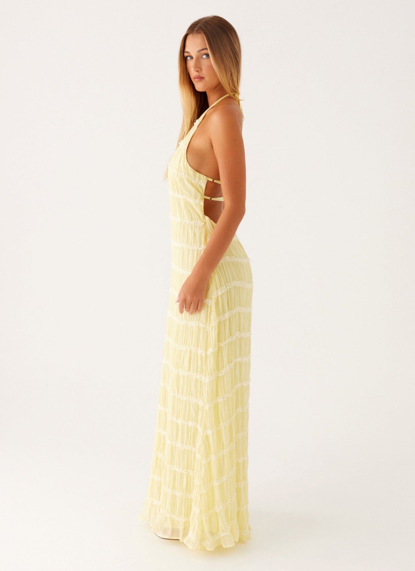Women's Halter Neck Open Back Textured Maxi Evening Dress Wedding Guest